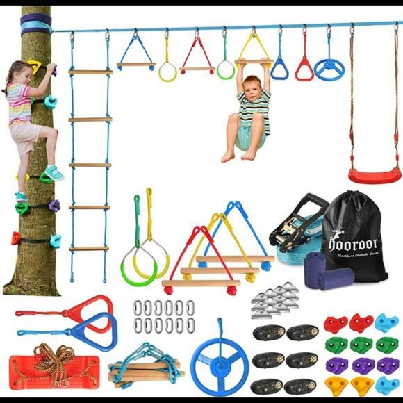 Ninja Warrior Obstacle Course for Kids-66FT Slackline with Tree Climbing Rock